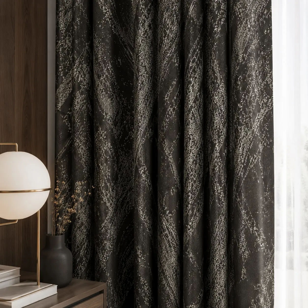 Verona 1 MS206/V145 – Obsidian Silver Veil Black Textured Curtain 100% Polyester Dimout customized Curtain | Room Darkening curtain for Bedroom & Living Room | Suitable for Ripple, Eyelet, Pleated Curtains & Roman Blinds
